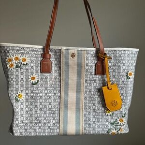 Tory Burch Floral Embroidered Tote with Brown and Yellow Accents